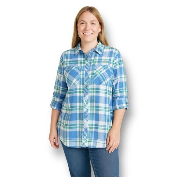 Lauren Ralph Lauren XXL Plaid Shirt Blue Roll Tab Button Up Preppy Cottagecore - Picture 1 of 8